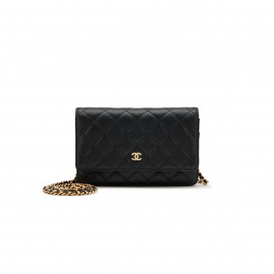 CHANEL QUILTED CAVIAR WALLET ON CHAIN WOC BLACK GOLD HARDWARE A33814 (19.2*12.3*3cm)